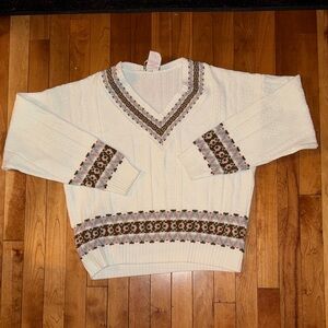 Women's Vintage Acrylic Cream Patterned V-Neck Sweater